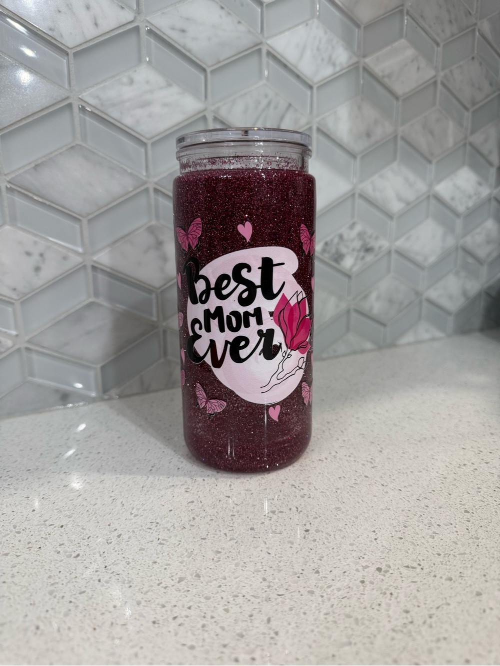 Best Mom Ever Pink Glitter Tumbler - Blank Brand